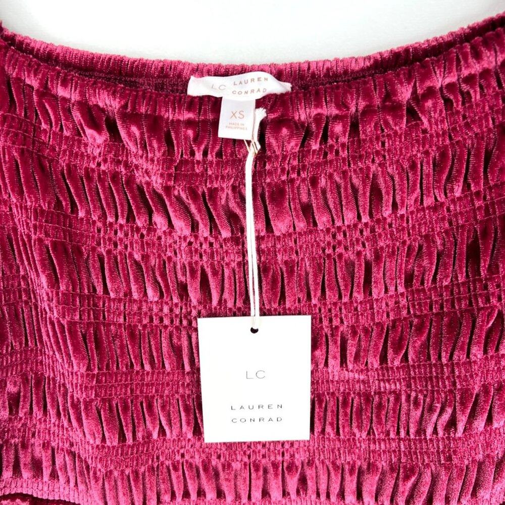 NWT LC Lauren Conrad Wine Chalet Smocked Velvet Dress XS - Picture 4 of 10